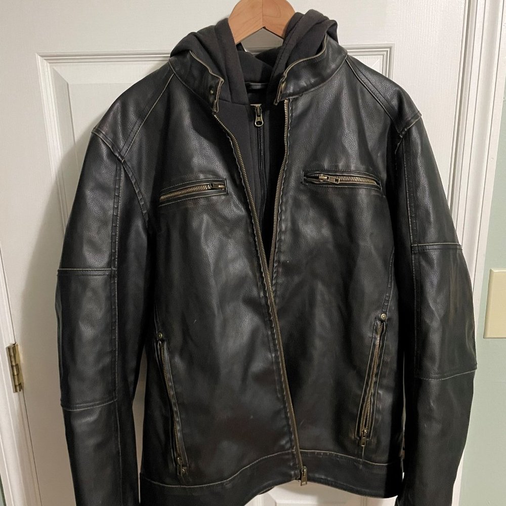 Black Rivet removeable hood leather jacket